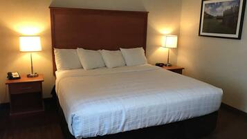 A hotel room with a large bed, two bedside tables with lamps, a telephone, and a framed picture on the wall.