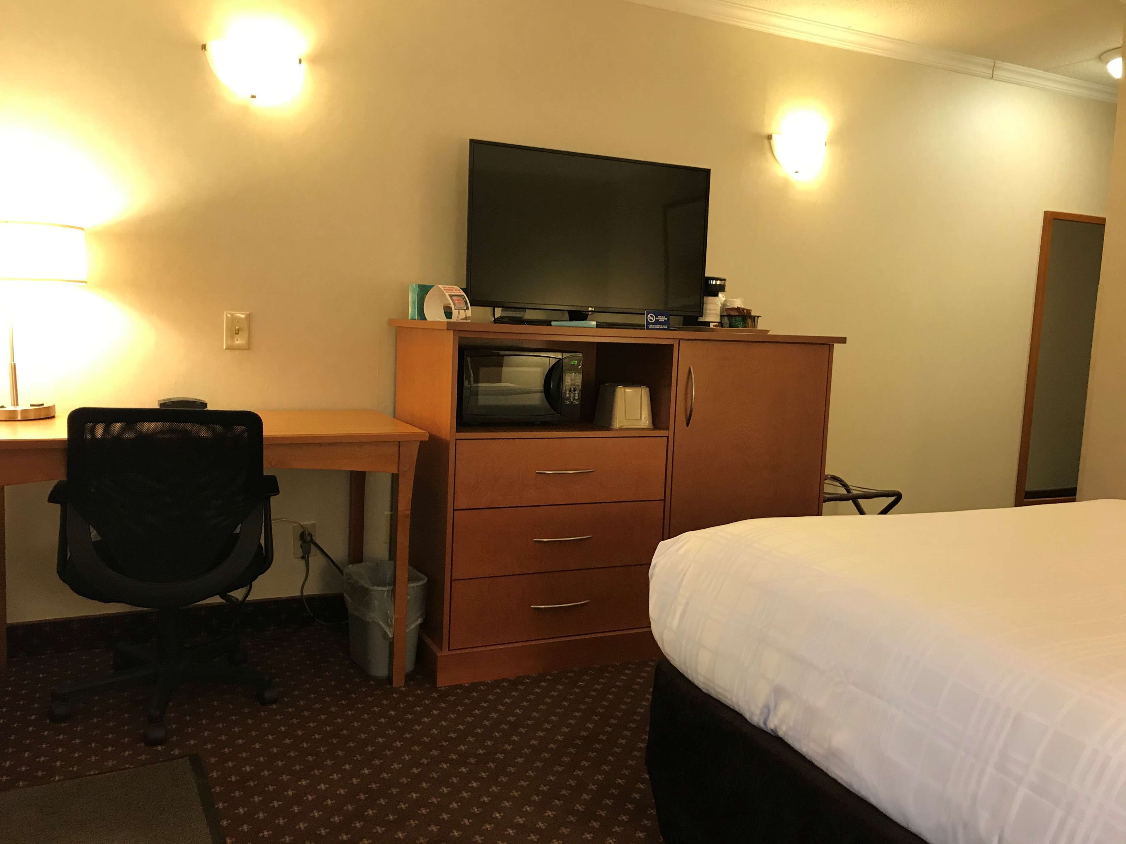 A hotel room with a bed, a desk with a chair, a television, a microwave, and a trash bin.