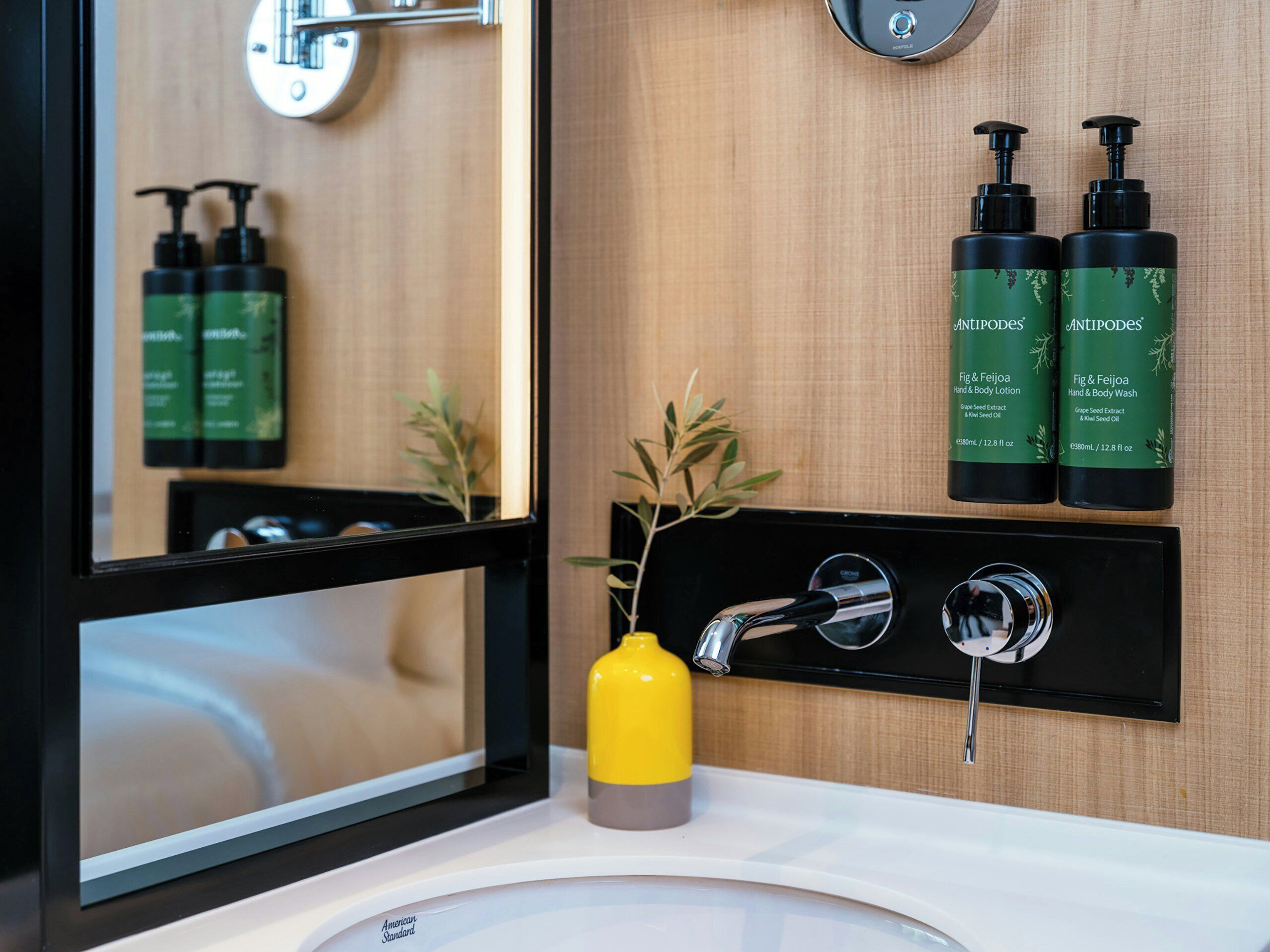A bathroom with a mirror, a sink, and two hand and body wash bottles on the wall.