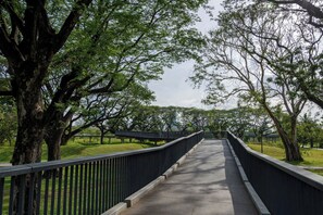 Een voetgangersbrug met metalen hekken, omringd door bomen en gras.
