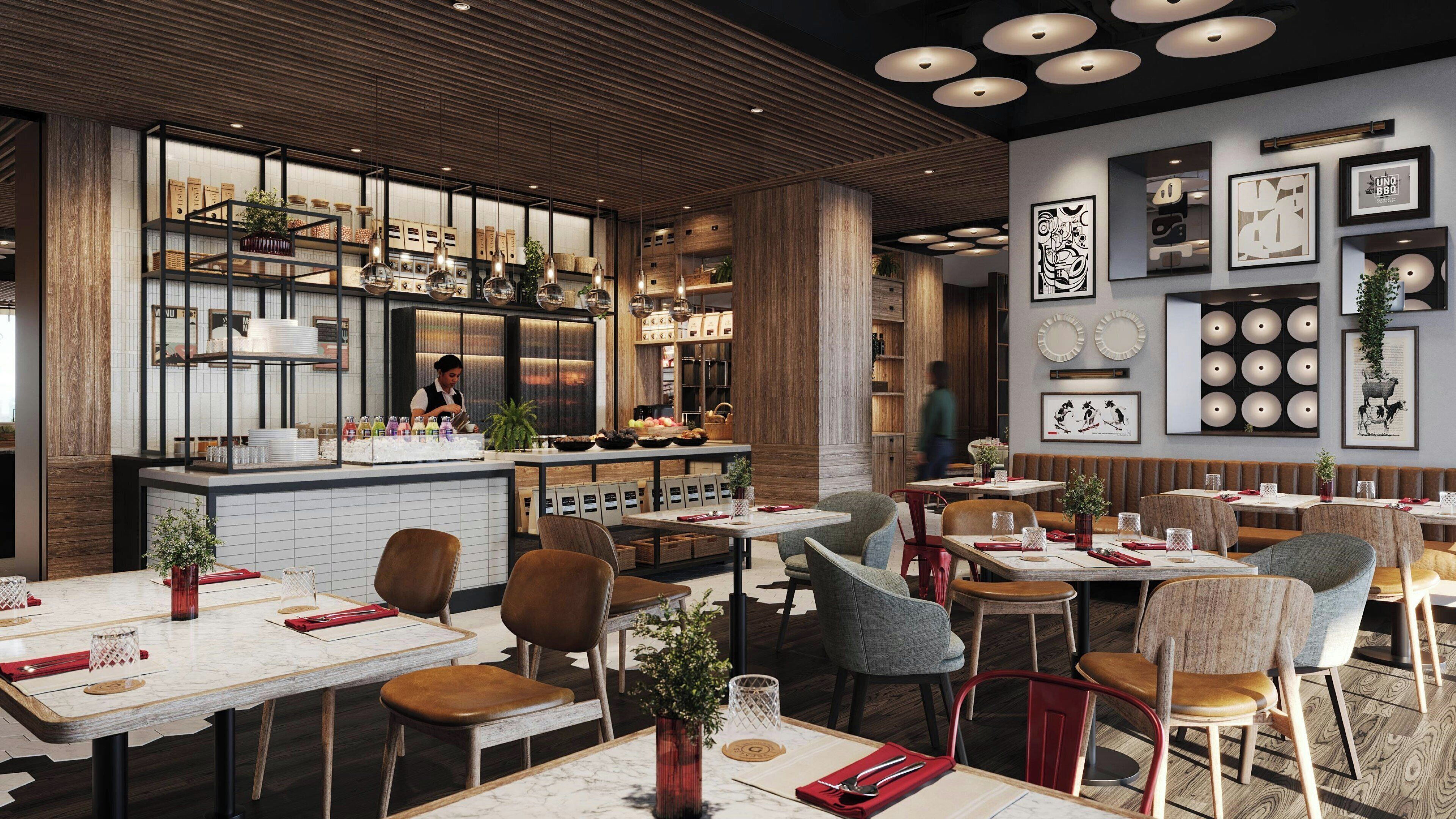 A modern restaurant interior with wooden accents, a bar area, and a variety of seating options.