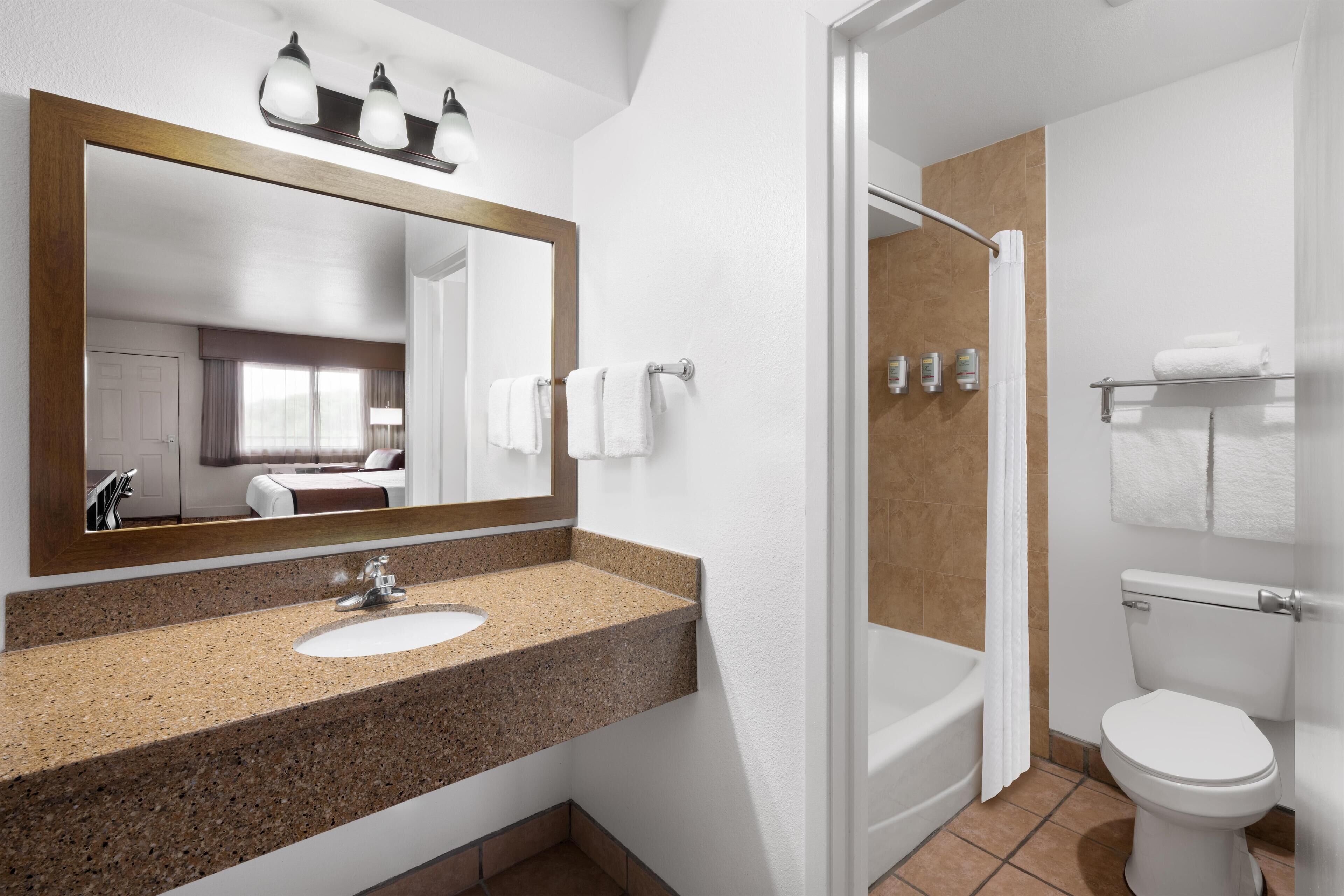 A bathroom with a granite countertop sink, a large mirror, a shower, and a toilet.