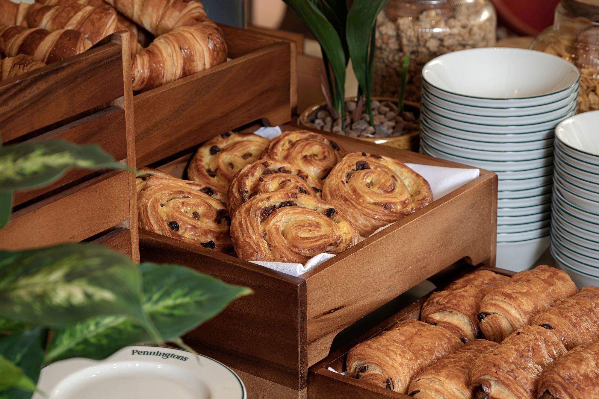 A wooden box filled with pastries, a stack of white plates, and a green plant.