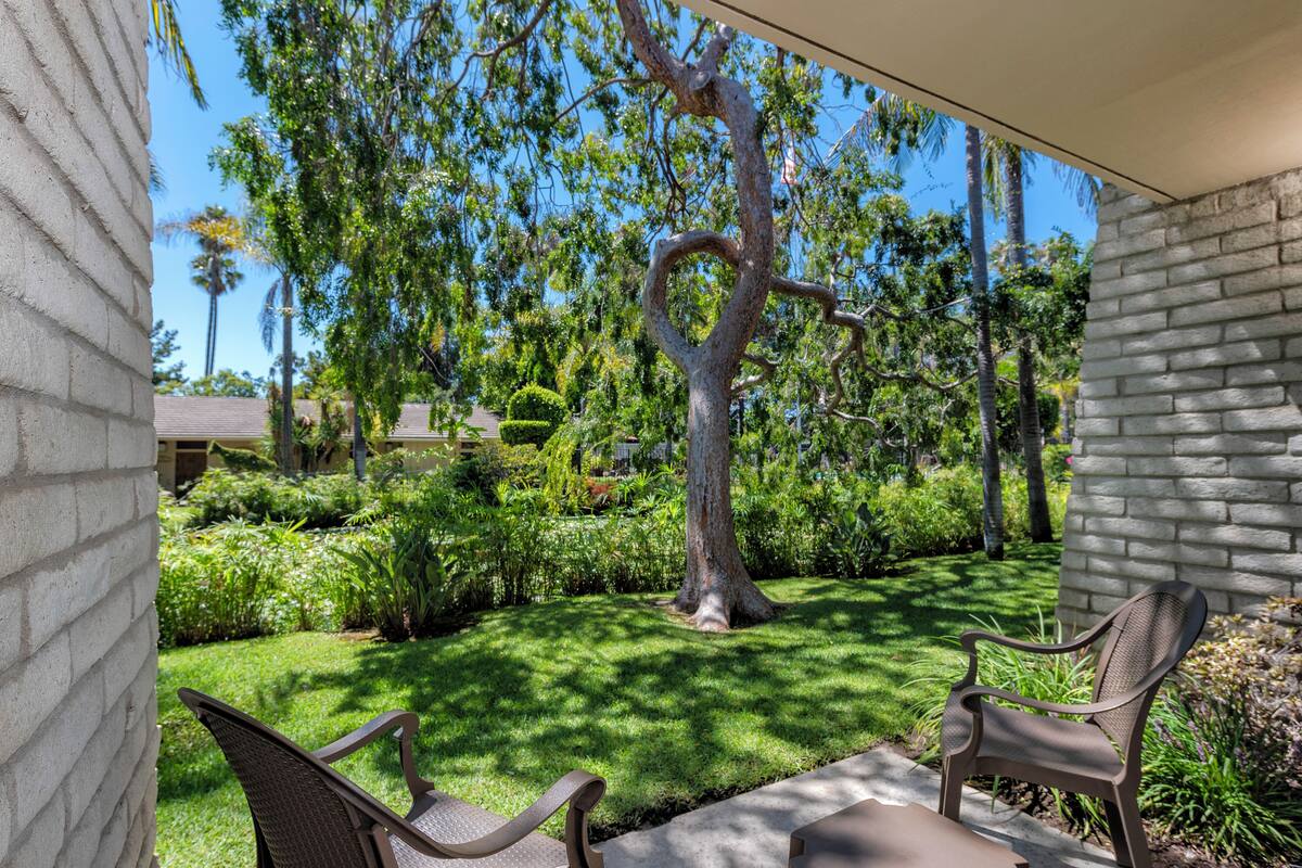 A patio with two chairs and a table, surrounded by a well-maintained garden with various plants and a large tree.