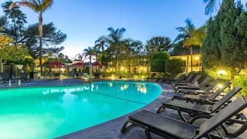 Outdoor pool, a heated pool, pool loungers