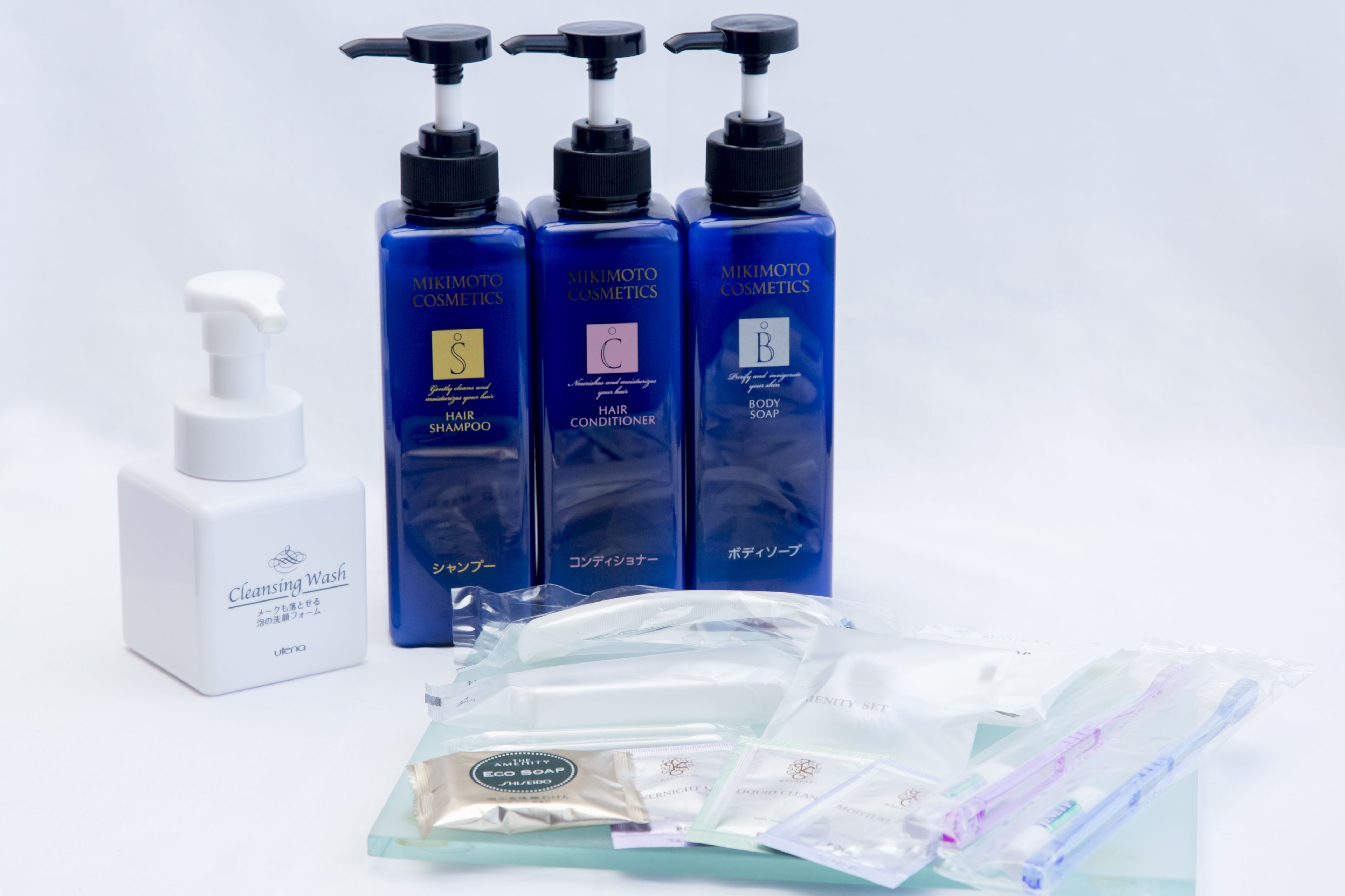 combined shower/bathtub, free toiletries, hair dryer, slippers