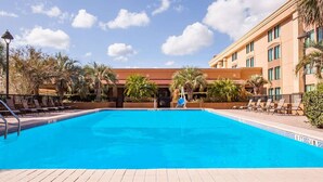 A hotel pool with a clear blue water surface, surrounded by lounge chairs and palm trees. - Ramada by Wyndham Jacksonville I-95 by Butler Blvd (Jacksonville)