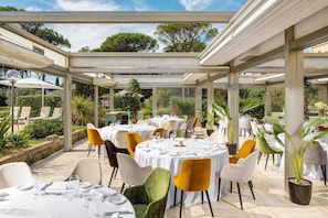 Frühstück, Mittagessen, Abendessen, Blick auf den Pool