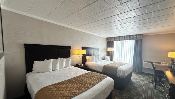 Een hotelkamer met twee bedden, een bureau en een stoel.