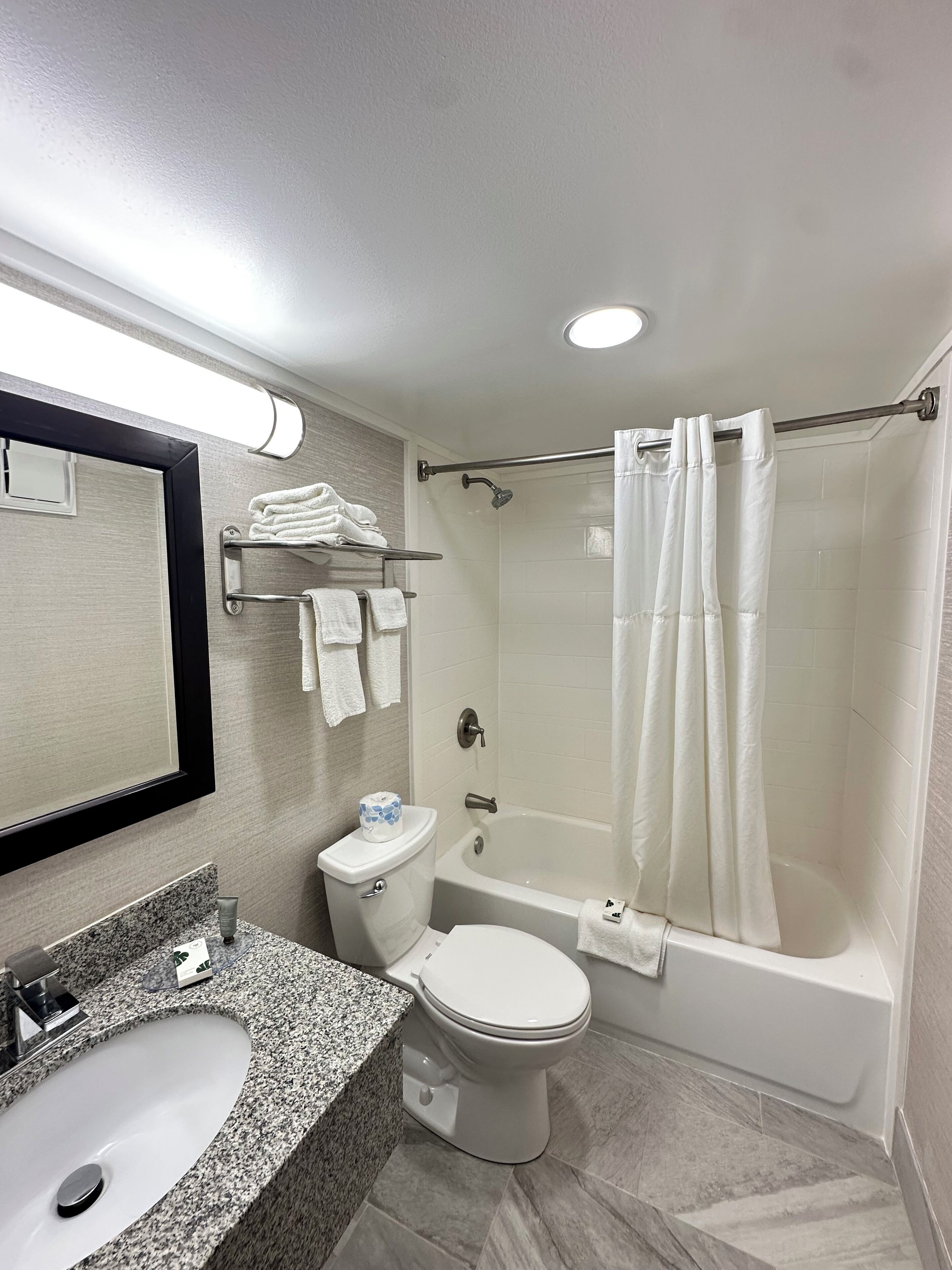 Combined shower/tub, rainfall showerhead, free toiletries, hair dryer