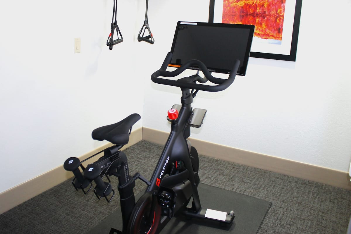 A stationary bike in a room with a carpeted floor, a wall-mounted exercise device, and a framed picture.