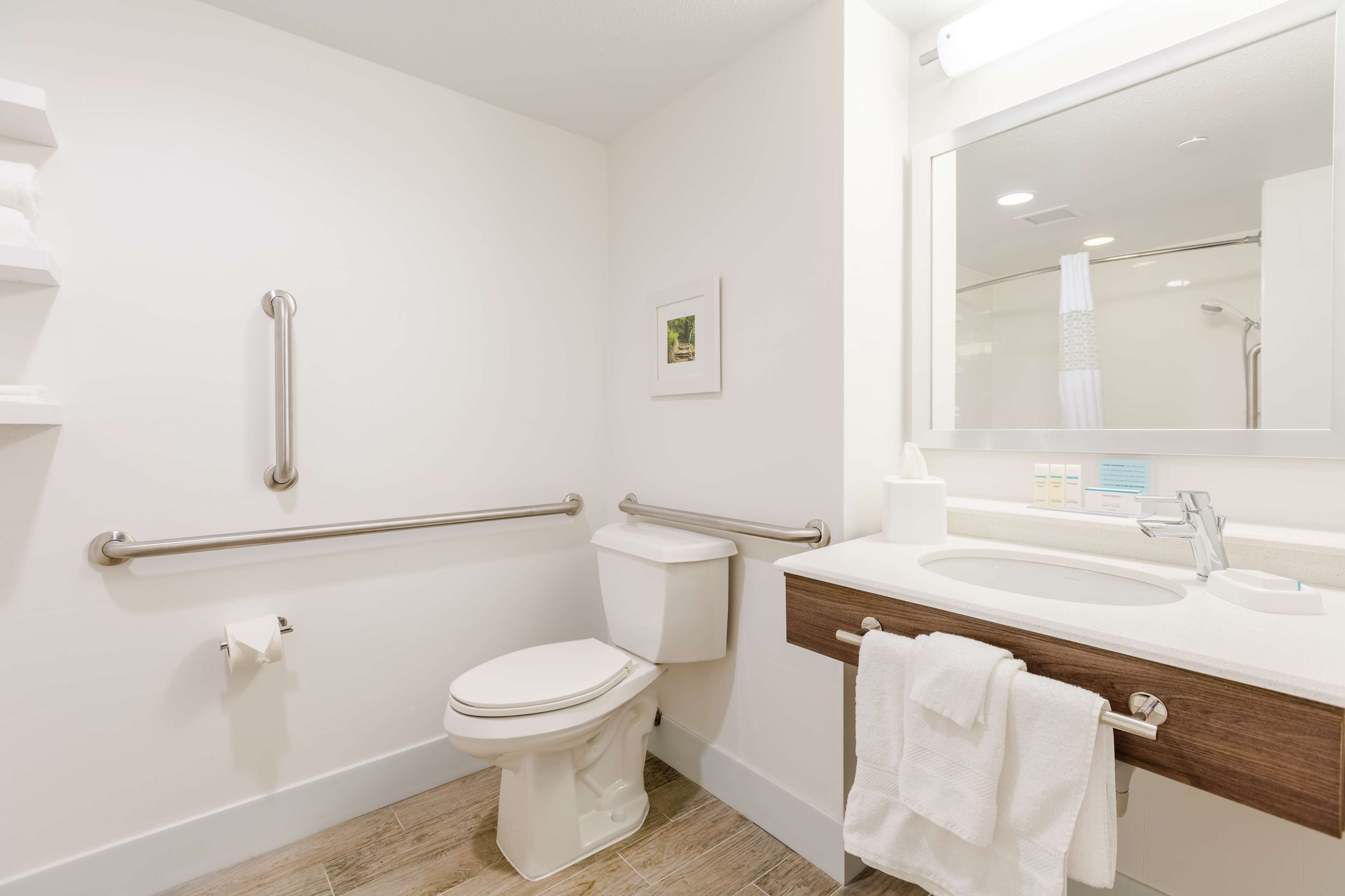 combined shower/bathtub, free toiletries, hair dryer, towels