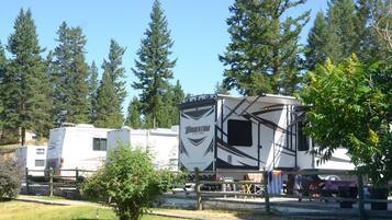A recreational vehicle (RV) park with various RVs, including a prominent 'Momentum' RV, surrounded by trees and greenery.