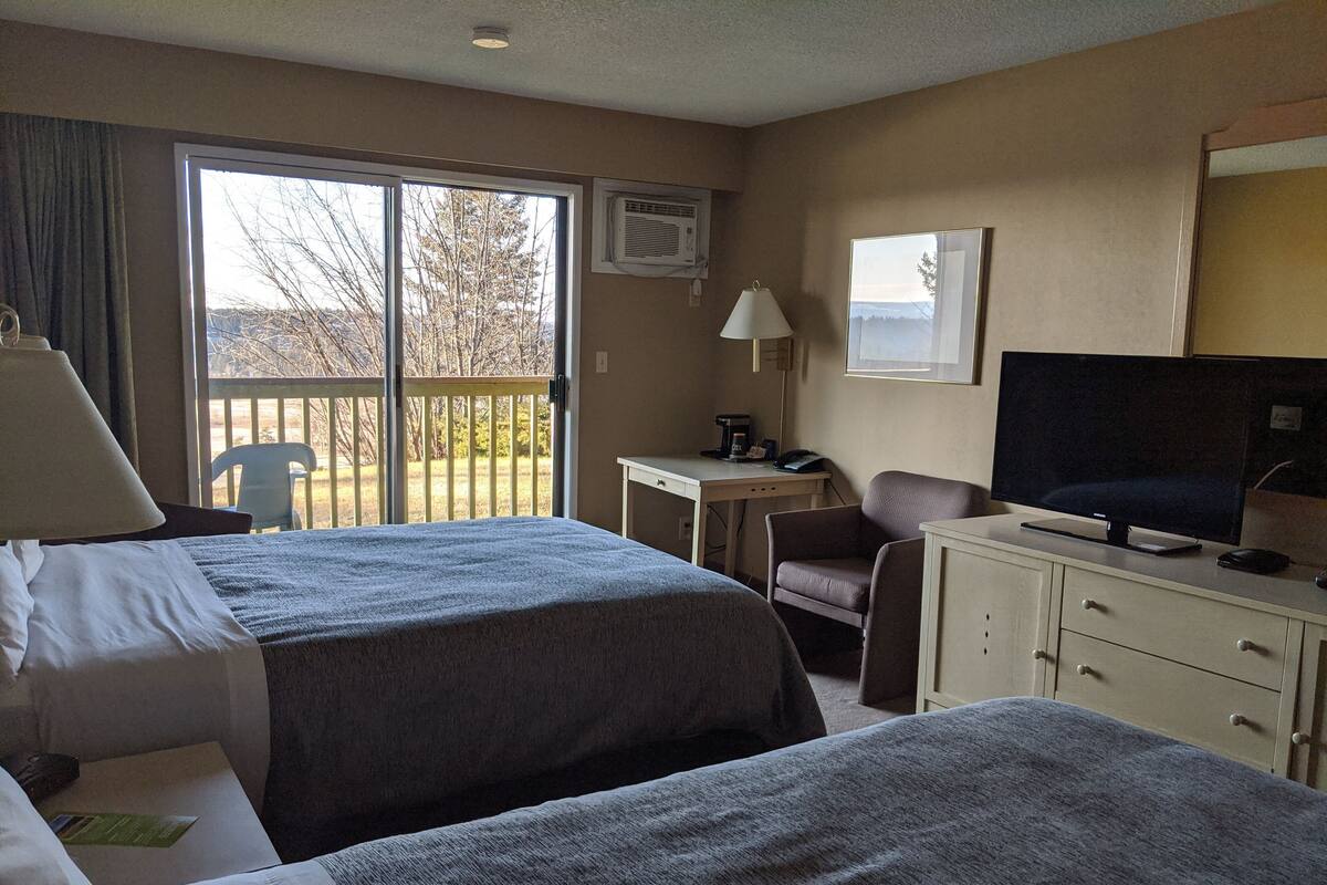A hotel room with two beds, a desk, a chair, a television, and a balcony with a view of trees.