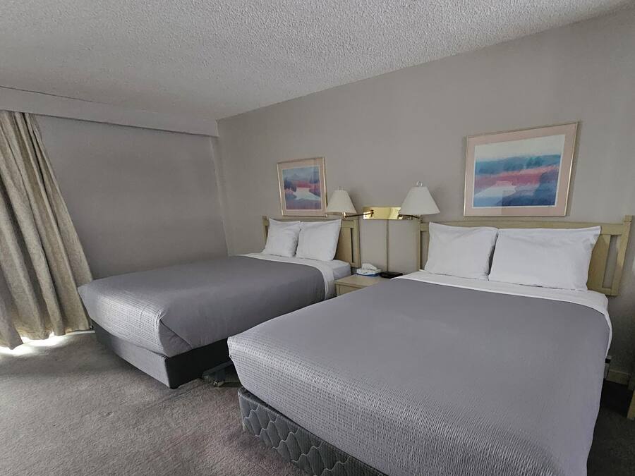 A hotel room with two beds, a nightstand, a lamp, and a window with curtains.