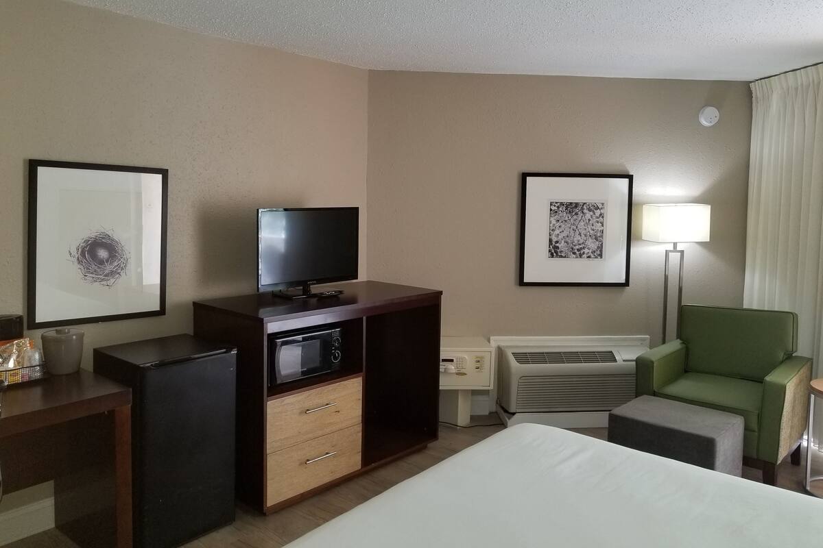 Hypo-allergenic bedding, desk, laptop workspace, blackout curtains
