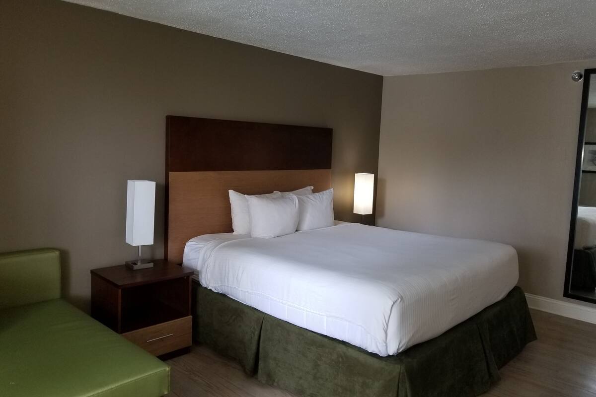 Hypo-allergenic bedding, desk, laptop workspace, blackout curtains