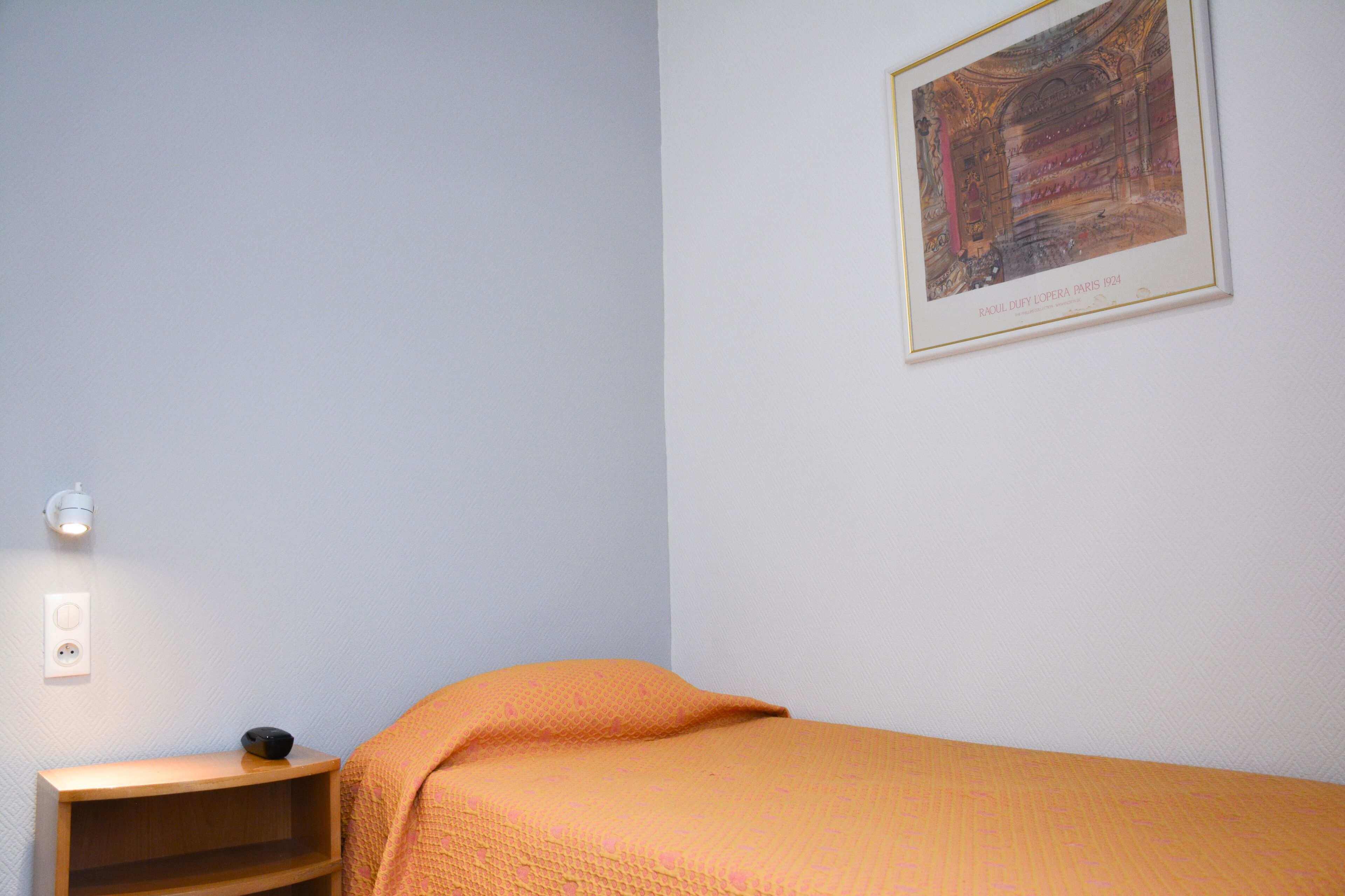 Een slaapkamer met een bed, nachtkastje, stopcontact en een lijst met een afbeelding.