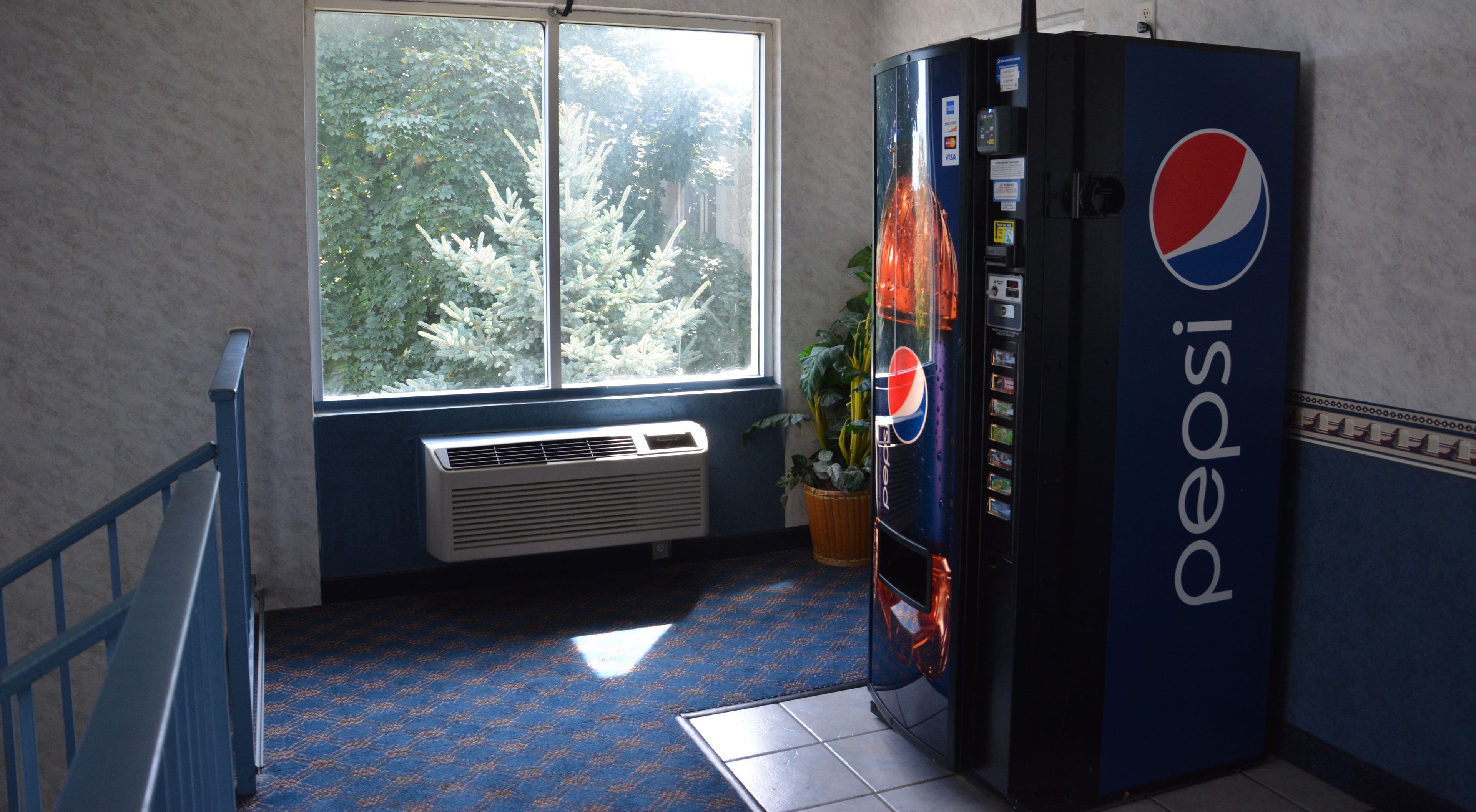 A vending machine with a Pepsi logo, a window with a view of trees, and a blue patterned floor.