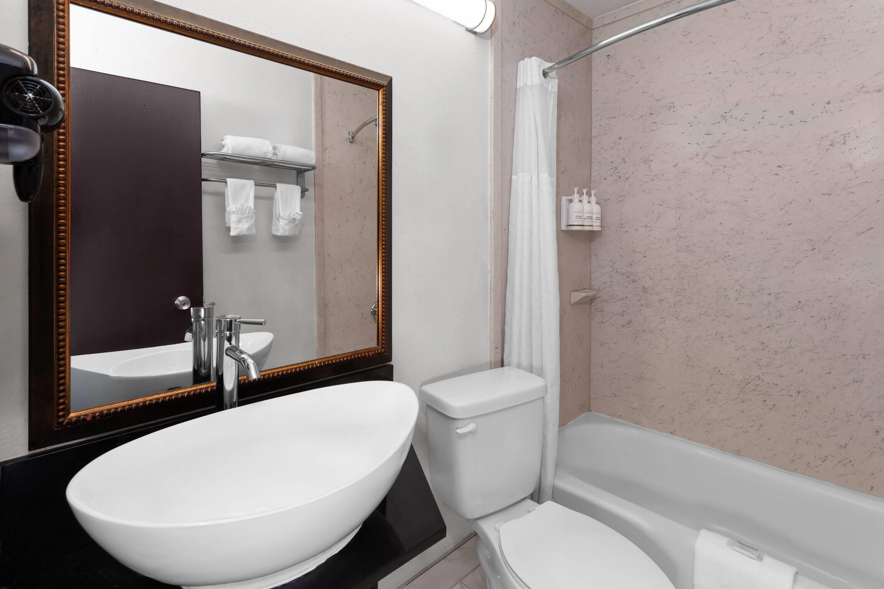 A bathroom with a large mirror, a sink, a toilet, and a shower.