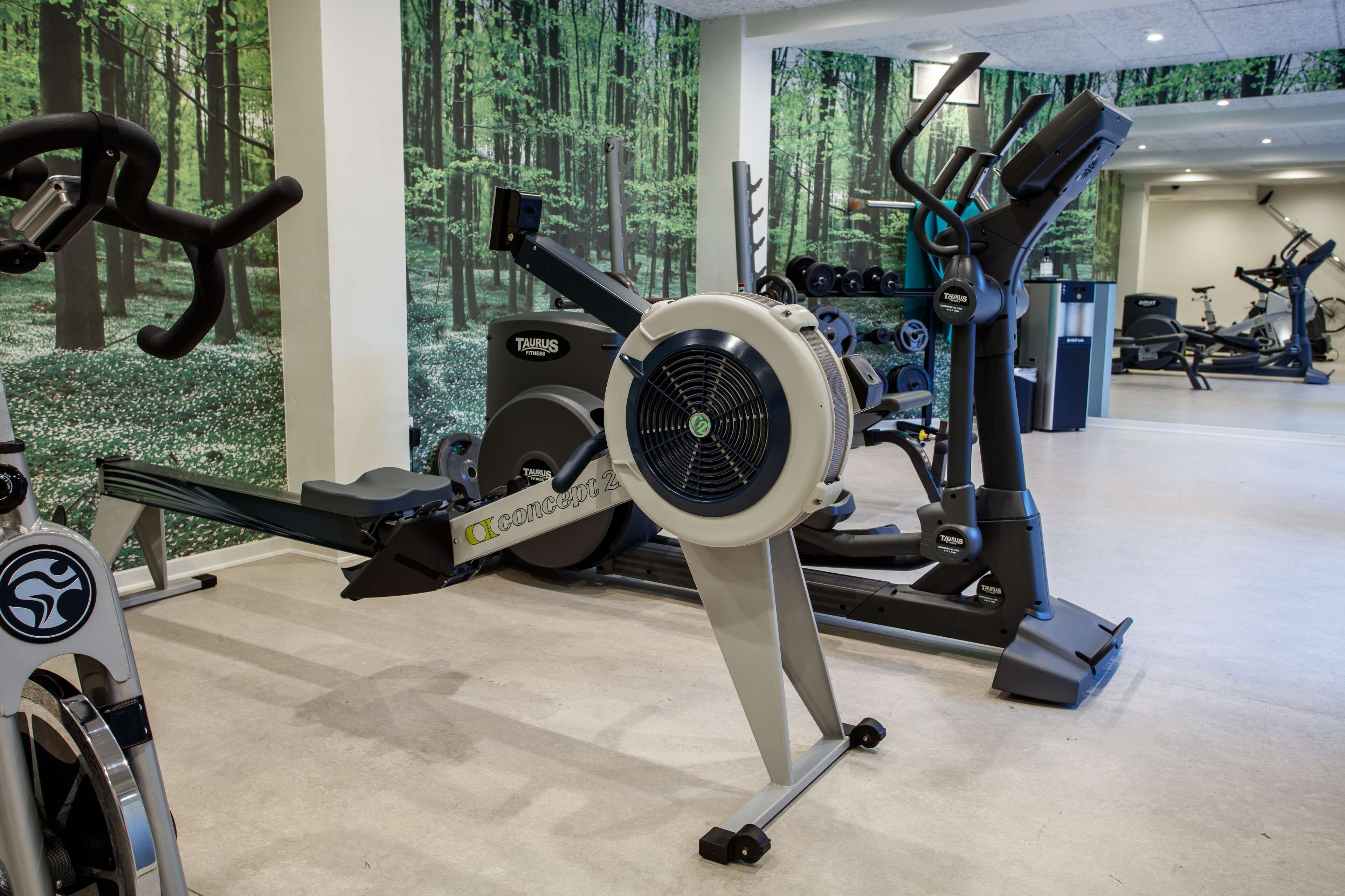 Un gimnasio con bicicletas estáticas, elípticas y máquinas de pesas.