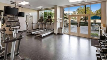A gym with treadmills, elliptical machines, and weight benches.