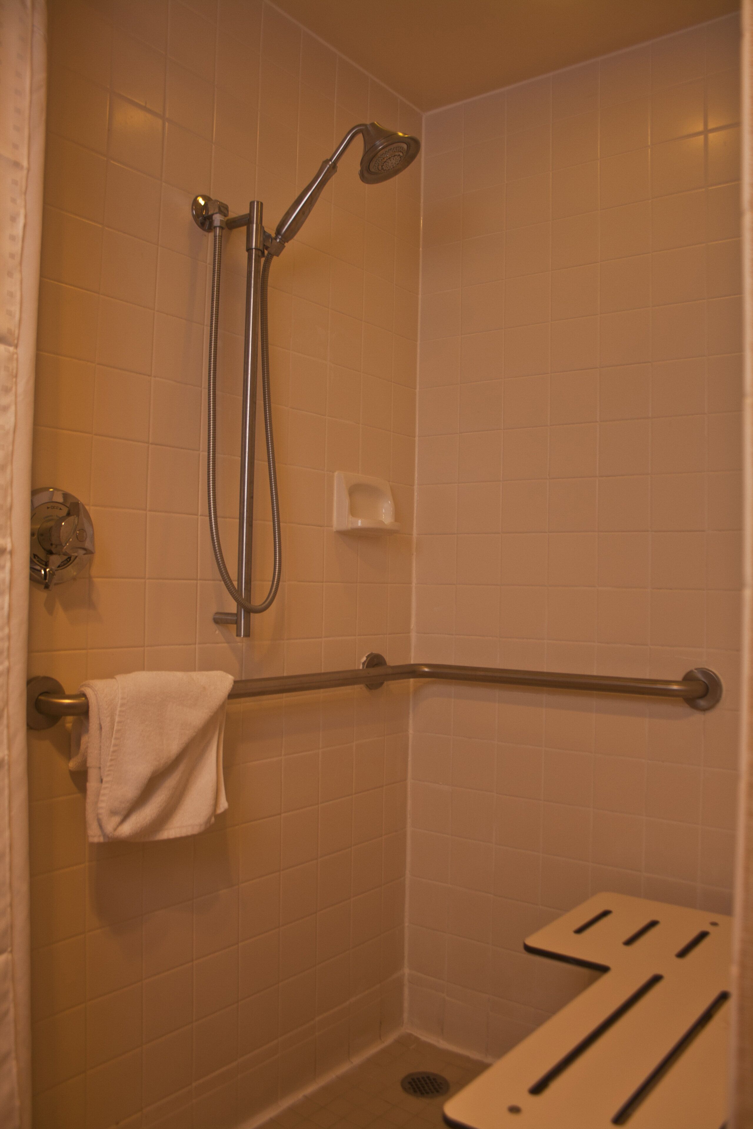 A shower area with a handheld showerhead, a handheld showerhead, and a grab bar.