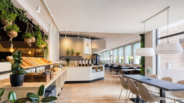 Un restaurant moderne doté d’un long comptoir, de plantes suspendues et d’un espace où sont disposées des tables et des chaises.