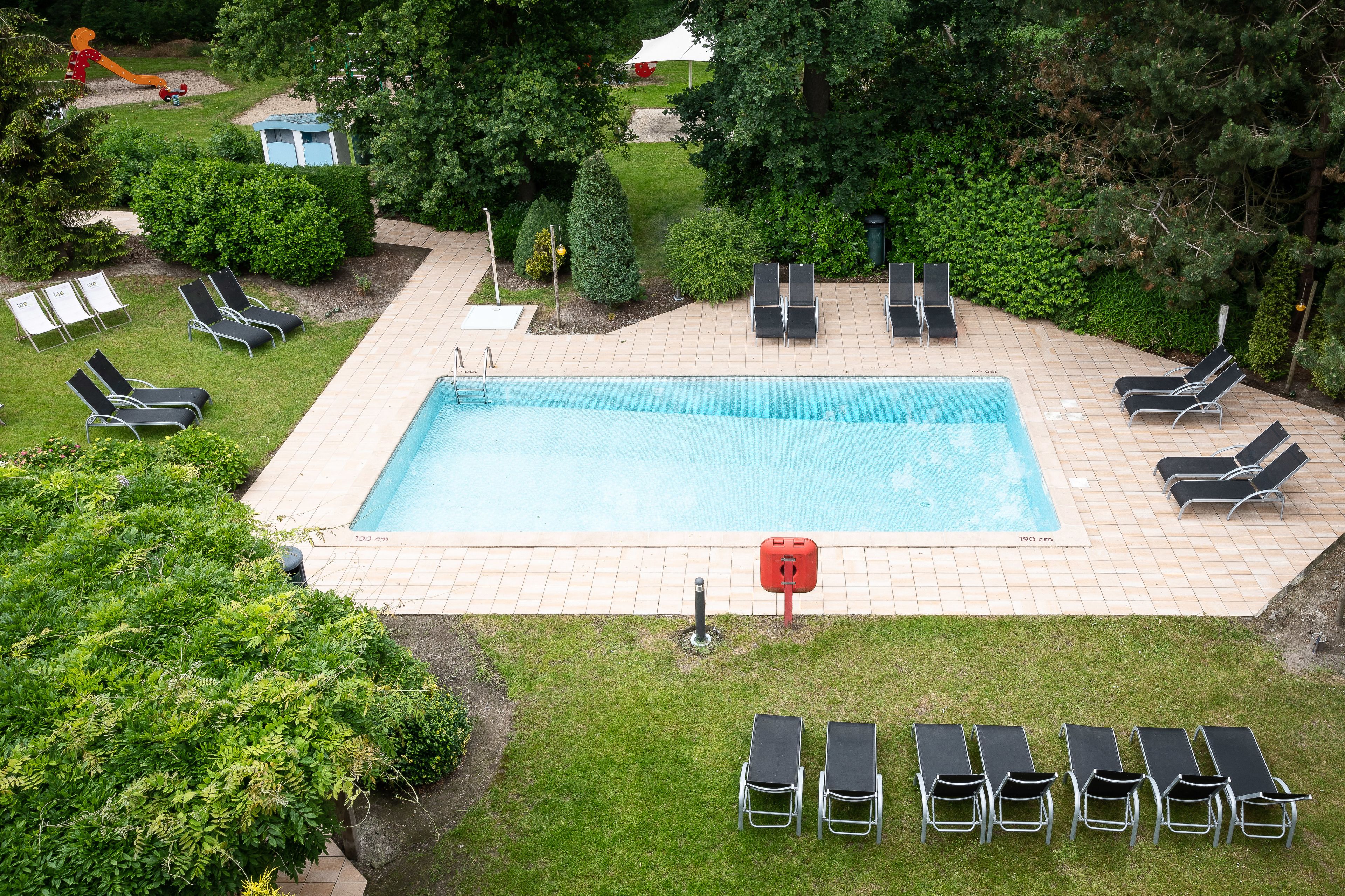 seasonal outdoor pool, pool umbrellas, pool loungers