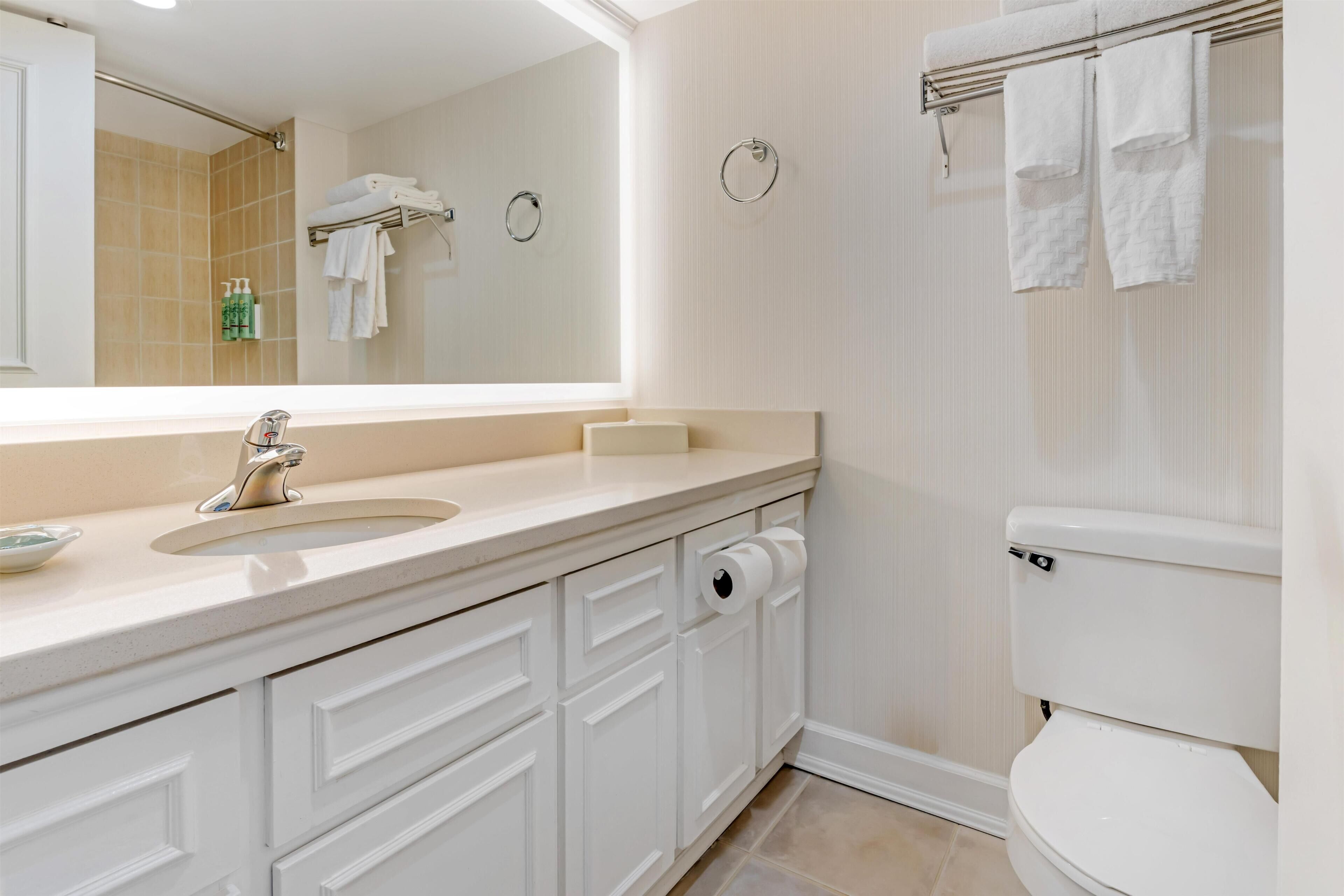 A bathroom with a sink, mirror, toilet, and towel rack.