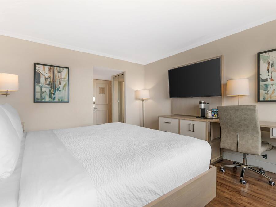 A hotel room with a bed, desk, chair, TV, and artwork.