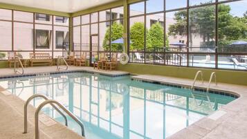 Indoor pool, seasonal outdoor pool, pool loungers