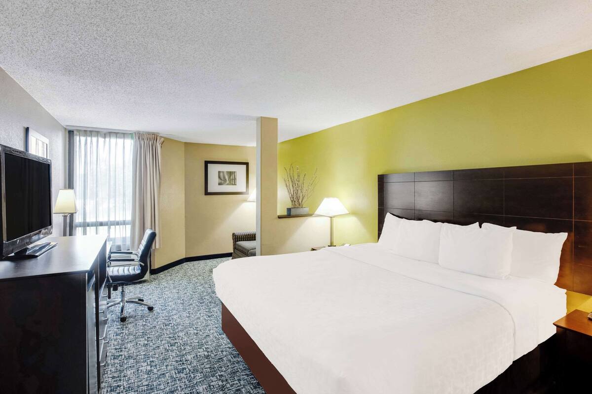 A hotel room with a large bed, a desk with a TV, a chair, a lamp, and a picture on the wall.