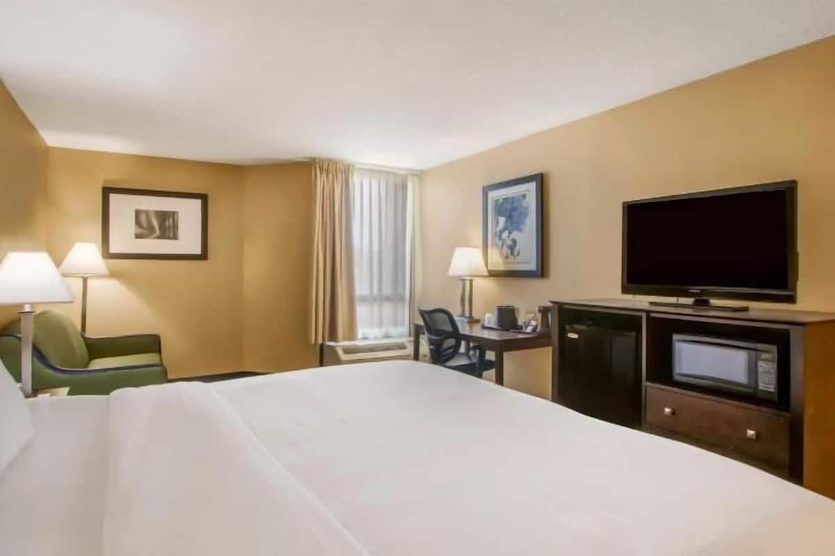 A hotel room with a bed, two bedside lamps, a desk with a chair, a television, and a microwave.