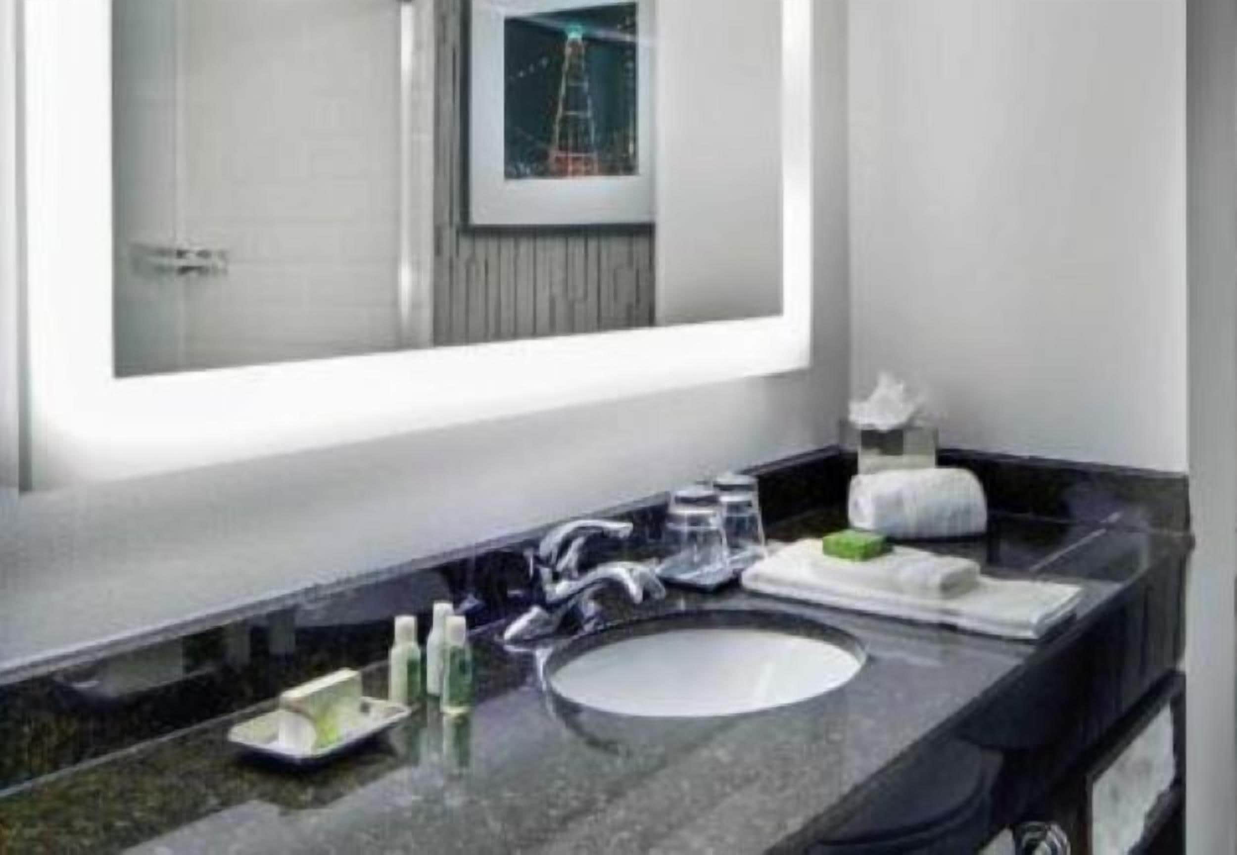 Un bagno moderno con uno specchio grande, un lavandino e un portasciugamani.