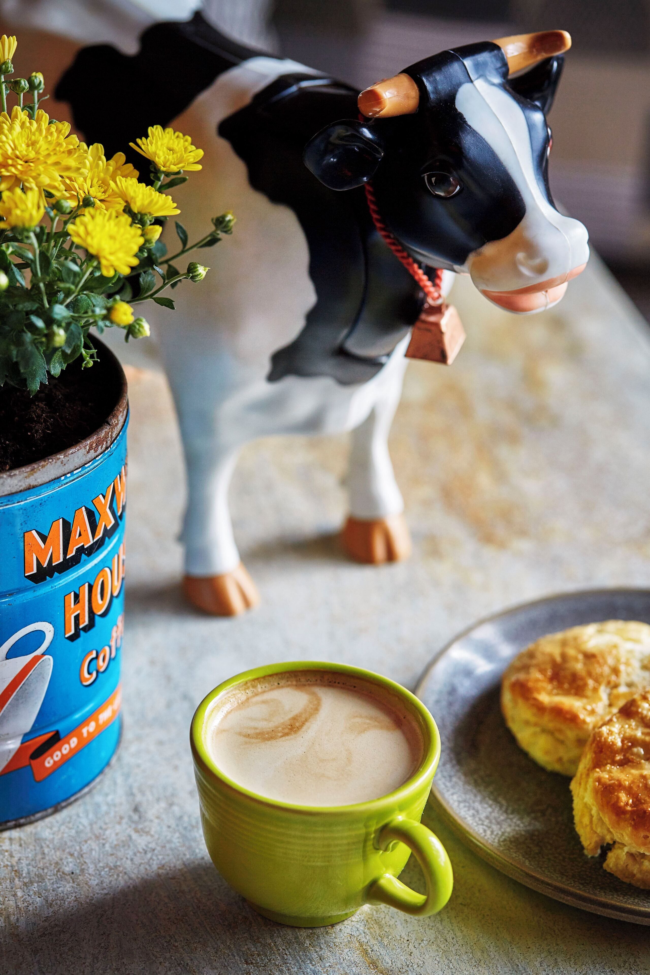 A decorative cow figurine, a potted plant with yellow flowers, a green mug with a beverage, and a plate with biscuits.