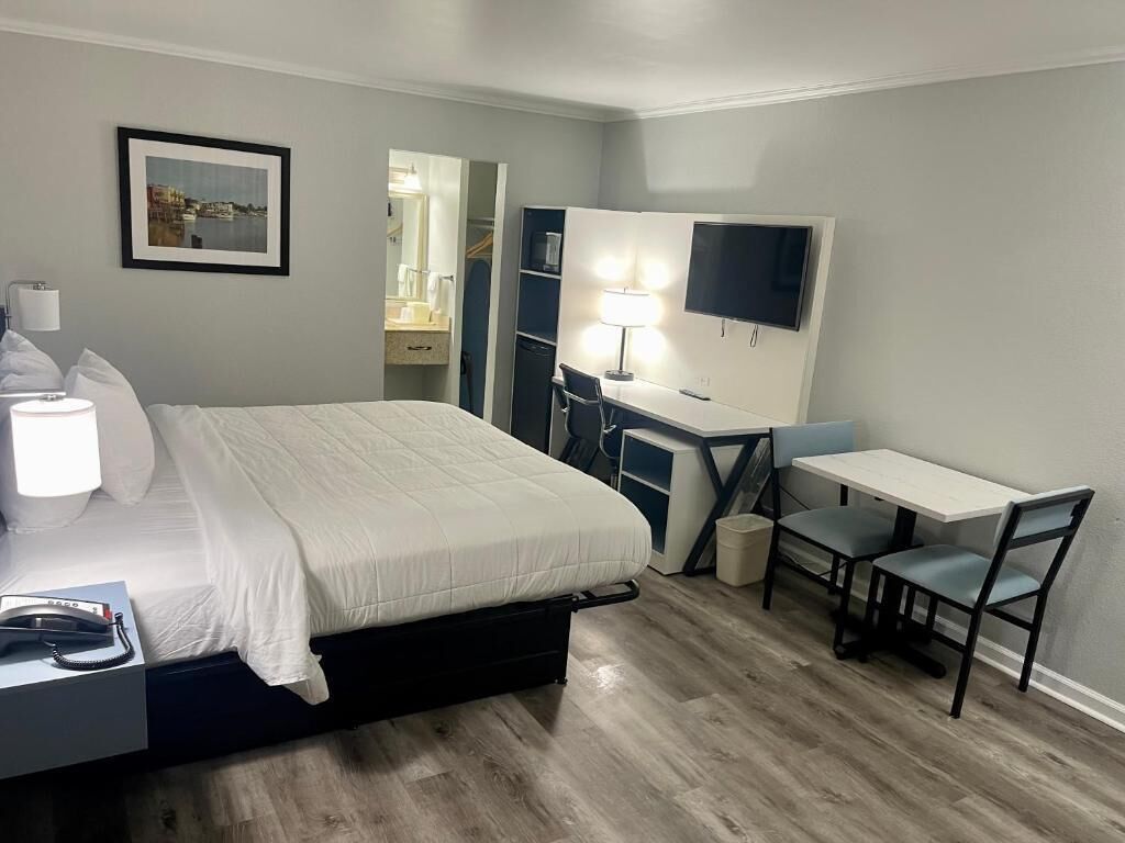 A hotel room with a bed, desk, chair, TV, and a framed picture on the wall.