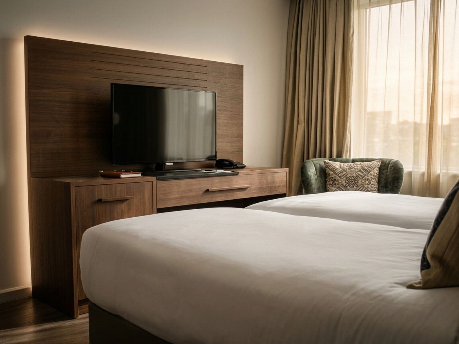 Habitación de hotel con un televisor de pantalla plana grande montado en un panel de madera, una mesita de noche con teléfono y libros, dos camas con ropa blanca y un sillón verde con cojines estampados.