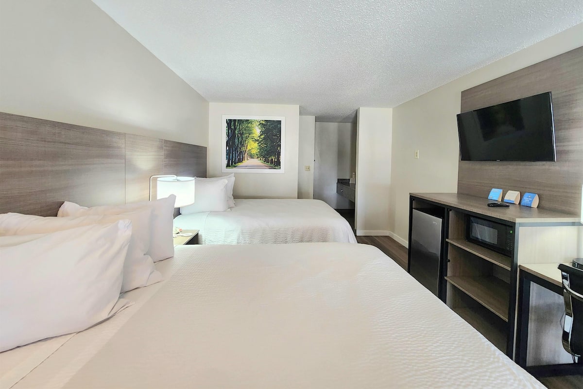 A hotel room with two beds, a TV, a desk with a computer, and a small window with a forest view.
