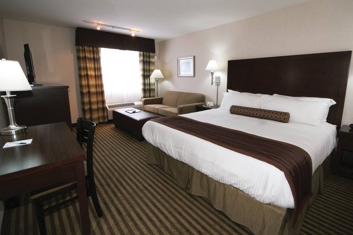 A hotel room with a bed, a desk with a chair, a sofa, and a bedside table with a lamp.