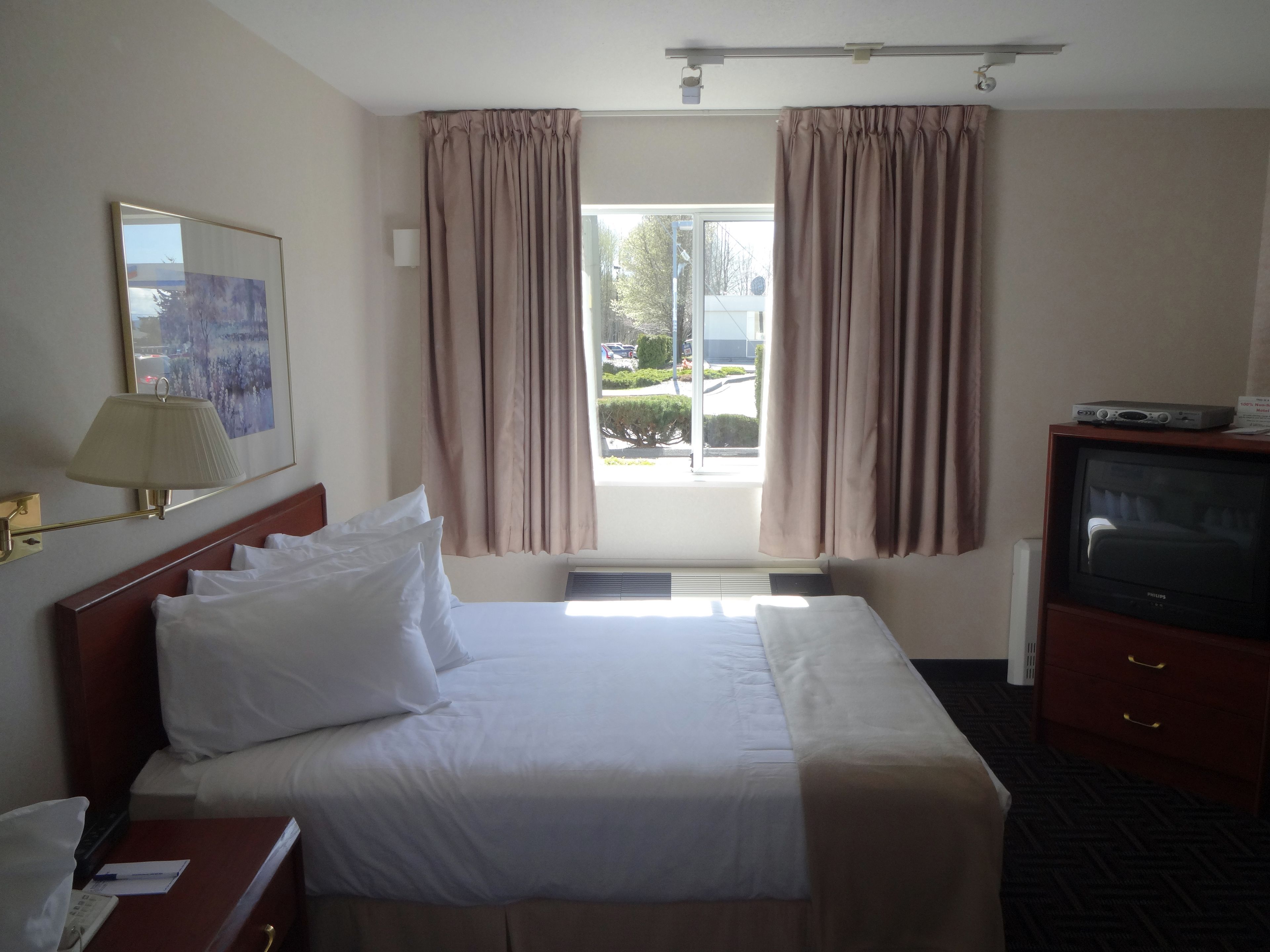 A hotel room with a bed, a TV, a lamp, and a window with curtains.