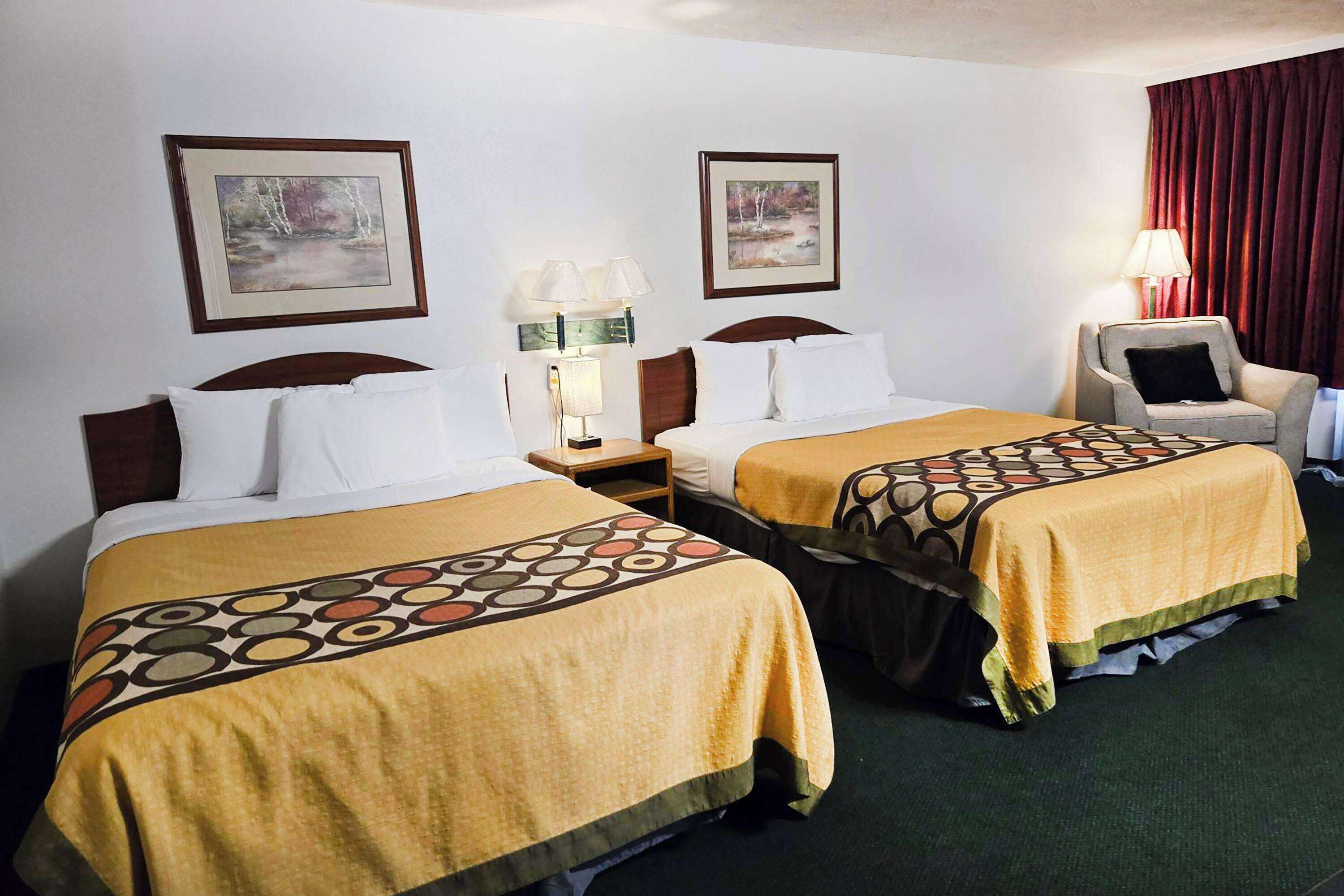 Une chambre d’hôtel avec deux lits, chacun recouvert d’une couvre-lit à motifs, une table de chevet avec une lampe et deux tableaux encadrés accrochés au mur.