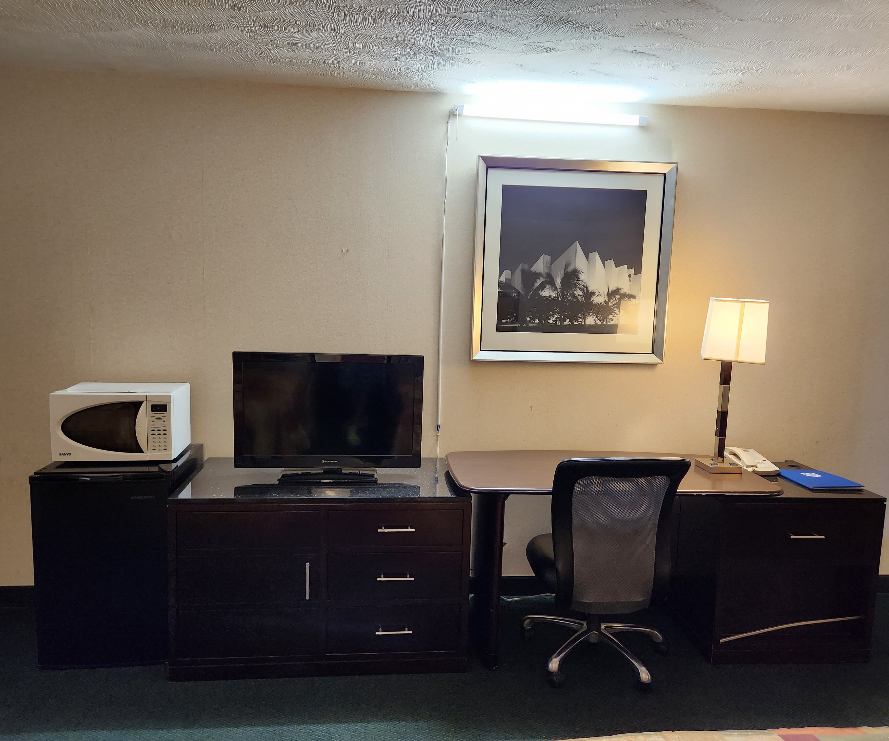 A hotel room with a desk, a television, a microwave, a framed picture on the wall, and a desk lamp.
