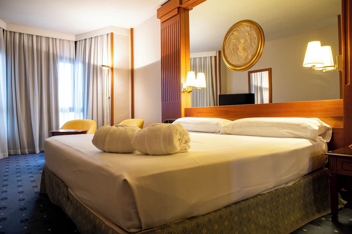 Habitación de hotel con una cama grande, dos almohadas, una mesita de noche, una silla, una lámpara y un espejo.