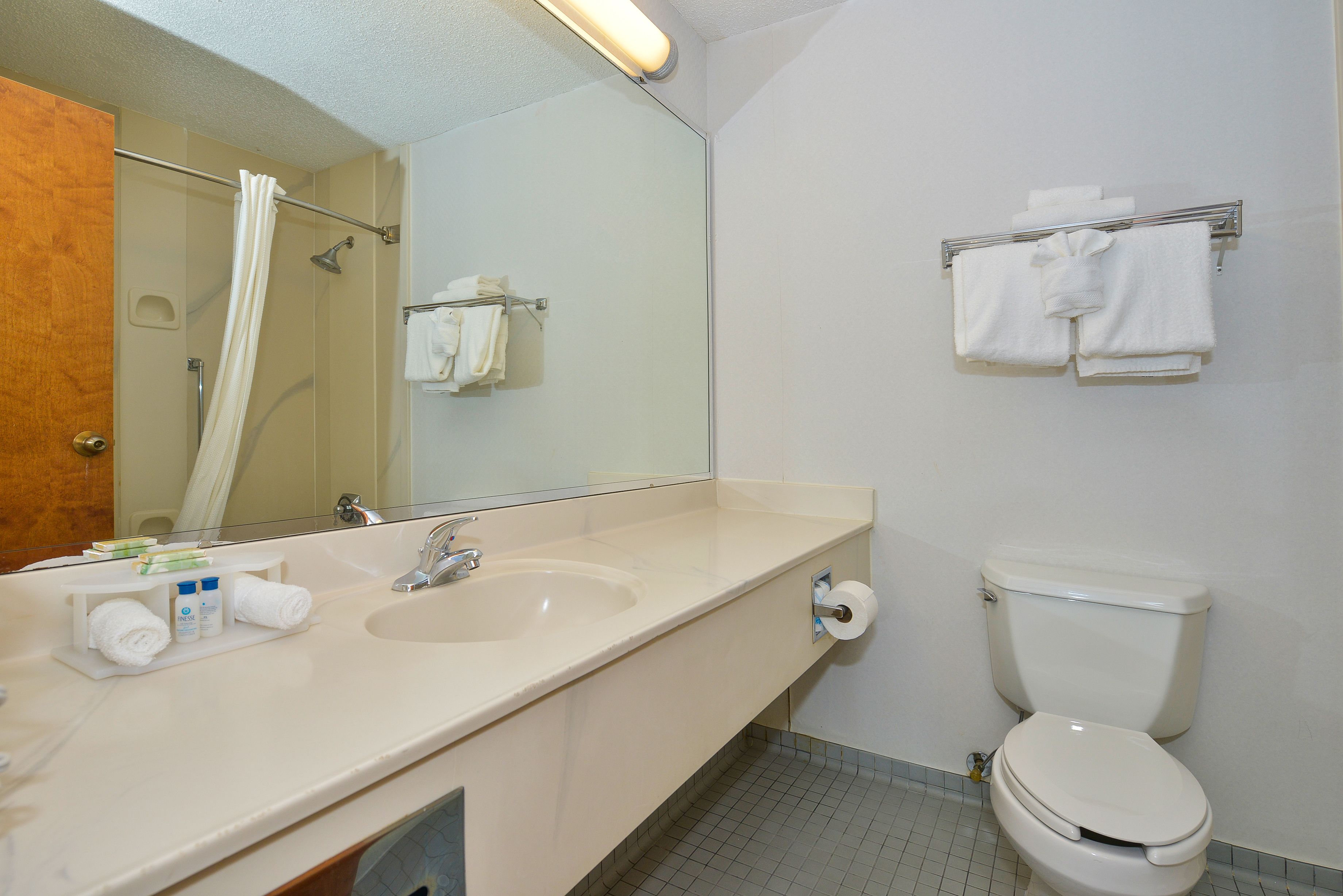 combined shower/bathtub, free toiletries, hair dryer, towels