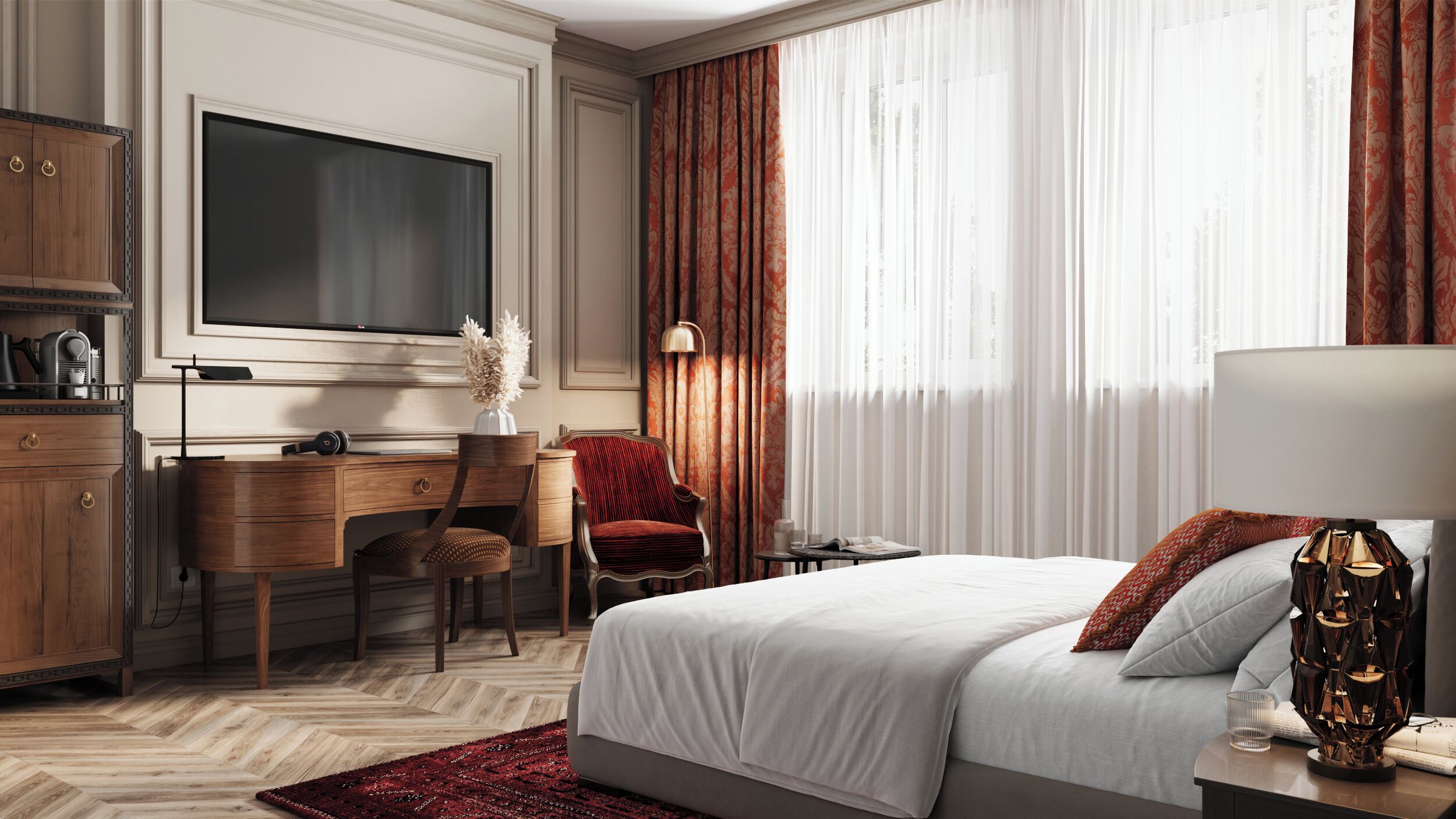 Hypo-allergenic bedding, free minibar, in-room safe, desk