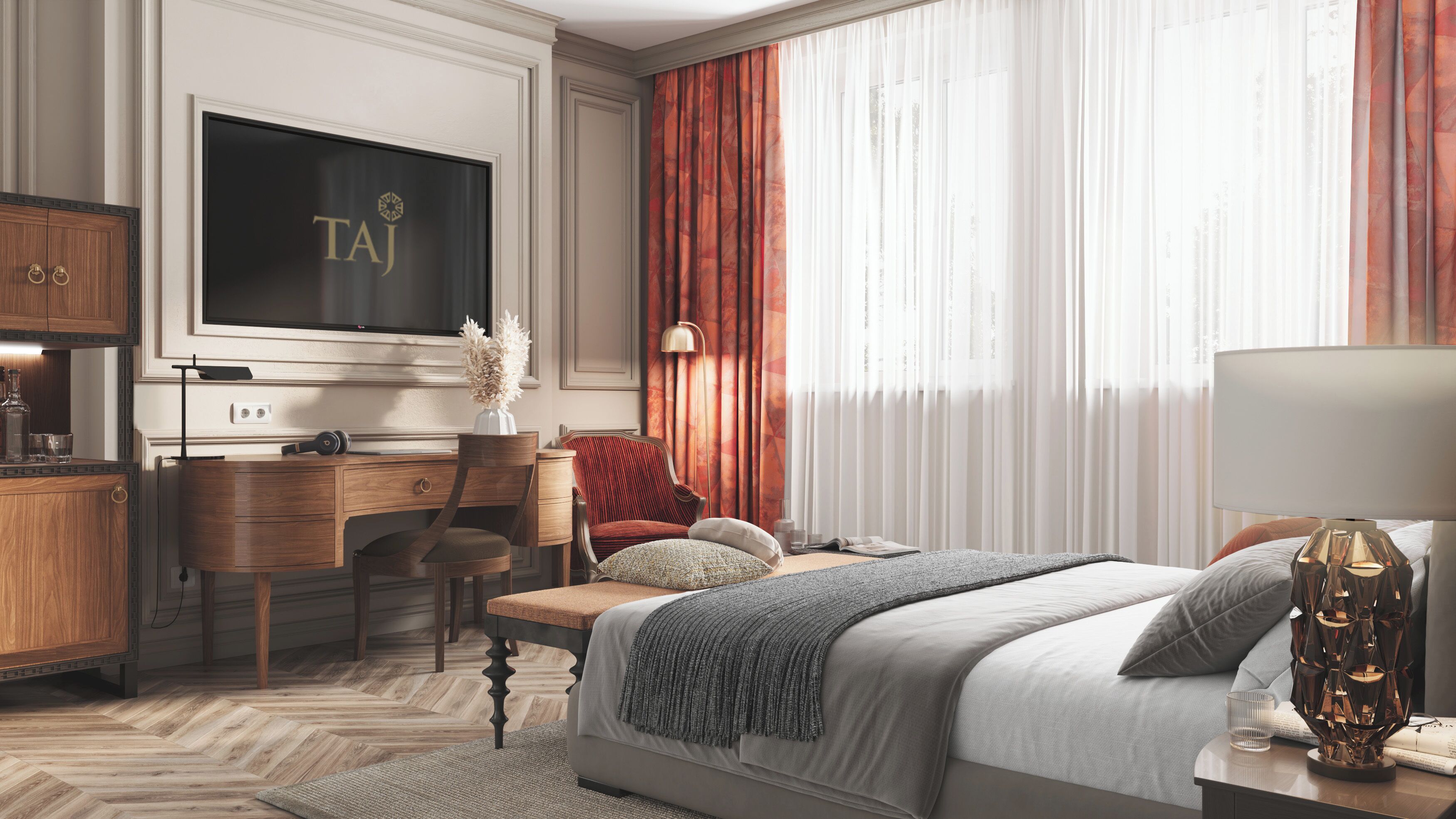 Hypo-allergenic bedding, free minibar, in-room safe, desk