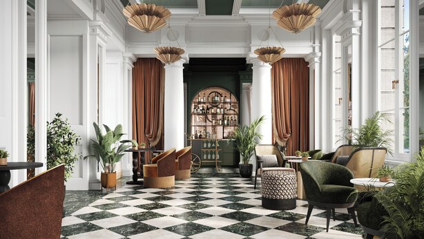 A spacious lobby with a checkered floor, a bar area with shelves of bottles, and comfortable seating.