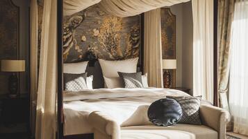 Hypo-allergenic bedding, free minibar, in-room safe, desk