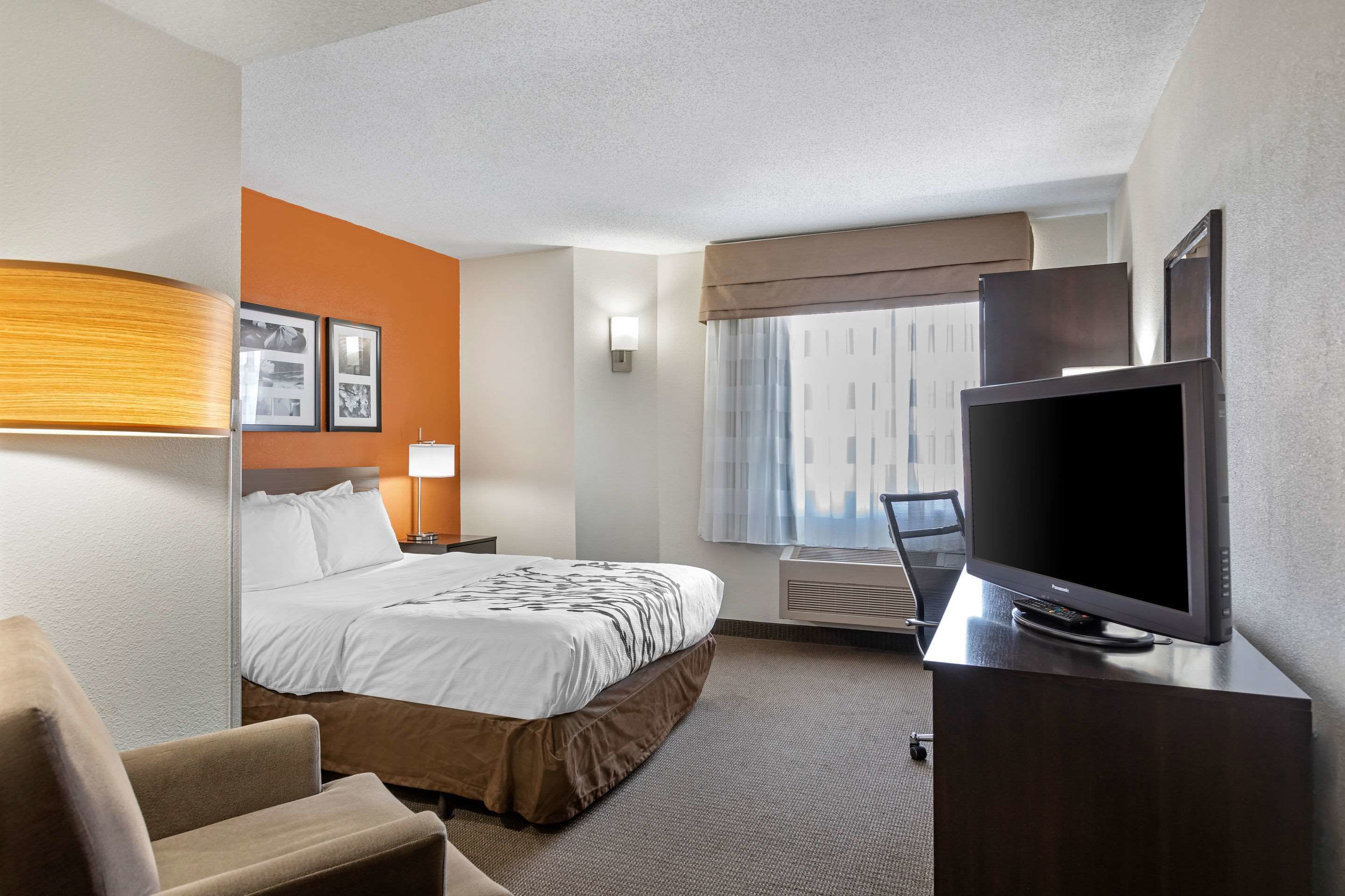 Una habitación de hotel con una cama, un escritorio con televisor, una silla, una lámpara y cuadros en la pared.